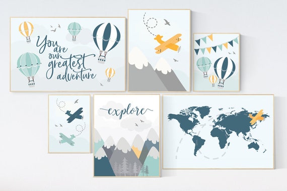 Nursery decor boy travel, hot air balloon, airplane, you are our greatest adventure nursery, nursery wall art mountain, adventure nursery