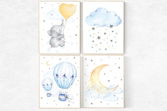 Nursery decor elephant, nursery decor hot air balloons, cloud nursery decor, Nursery wall art neutral, moon and stars nursery gender neutral