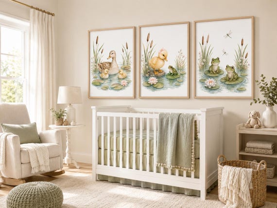 Duck Nursery Wall Art Set of 3, Pond Animals Nursery Prints, Duckling Frog