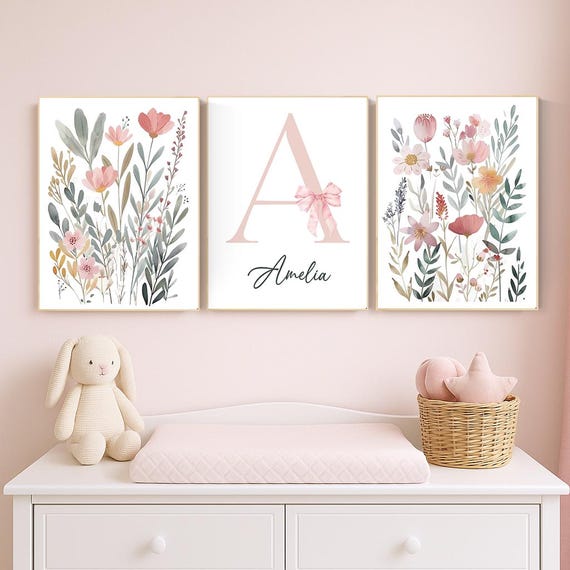 Personalized Floral Nursery Wall Art Set - Custom Name & Initial with Pink Bow - Baby Girl Room Decor Prints, Boho Botanical Art