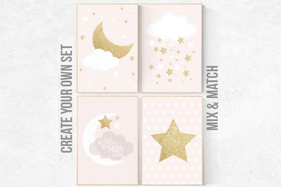 pink gold nursery decor, elephant nursery, pink and gold nursery, moon and back, Nursery decor girl gold, cloud nursery, girls room decor