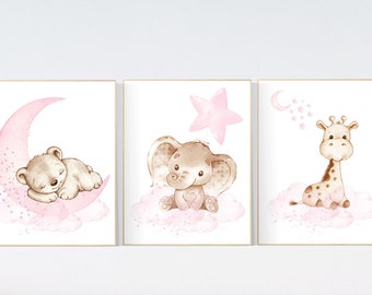 Pink Woodland Animals Nursery Prints: Teddy Bear, Elephant, Giraffe