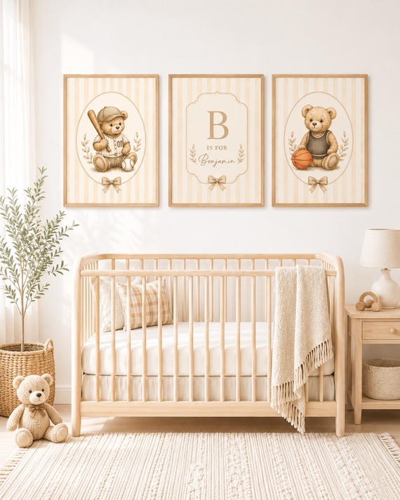 Personalized Sports Teddy Bear Nursery Wall Art Set, Baseball Basketball Bear Prints