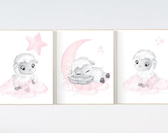 Nursery decor lamb, Sheep nursery decor, Nursery decor girl, nursery wall art sheep, moon and cloud wall art nursery, girl nursery decor