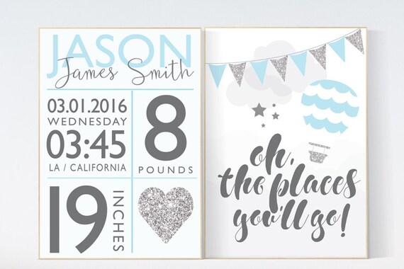 Oh the places you'll go, Birth stats wall art, blue silver nursery, hot air balloon nursery, nursery wall art, Birth announcement wall art