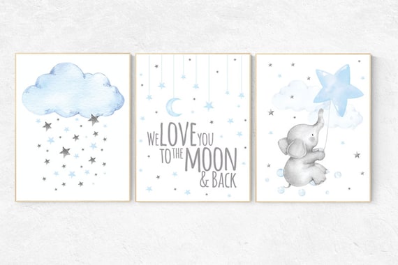 Elephant nursery, we love you to the moon and back, Blue and gray, Nursery decor boy, nursery decor, boys room, clouds and stars, blue grey