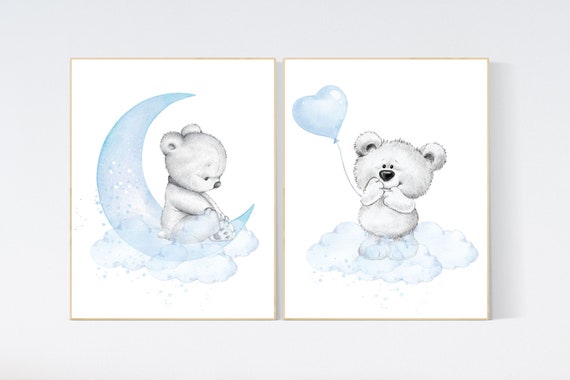Nursery wall art bear, nursery decor animals,  nursery decor woodland, nursery prints blue, teddy bear, baby blue, baby bear nursery