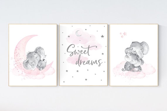 Elephant nursery print, nursery decor girl, pink and gray nursery, cloud and stars nursery, baby room decor girl, nursery prints girl