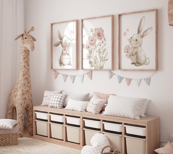 Bunny Floral Watercolor Nursery Print: Girl's Room Wall Art