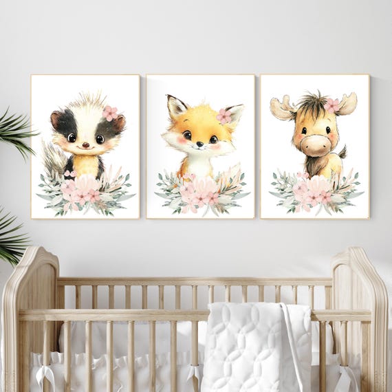 Woodland Nursery Girl Animal Prints – Floral Fox, Skunk, Moose Wall Art Set – Baby Girl Room Decor, Cute Forest Animals with Flowers