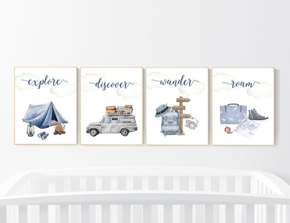 Travel nursery print, Explore nursery wall art, Baby boy nursery, Adventure Set of 6 prints, Camping Prints, Adventure Nursery Decor