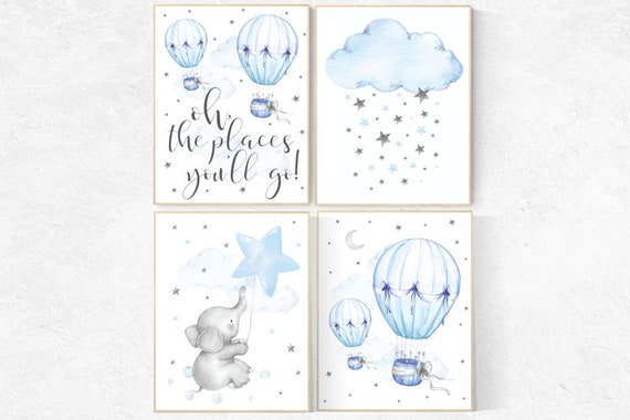 Elephant nursery, Nursery decor hot air balloon, Nursery decor boy, oh the places you'll go, cloud and star nursery, nursery wall art boy