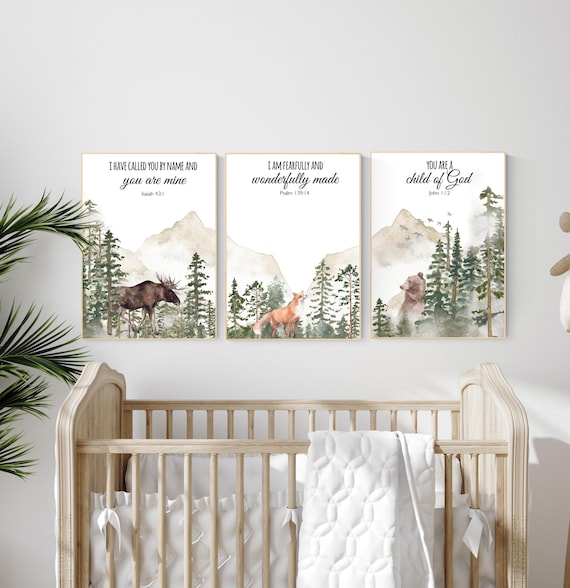 Nursery decor woodland, mountain wall art, tree nursery decor, adventure theme nursery, forest, sage green, bible nursery, verse nursery