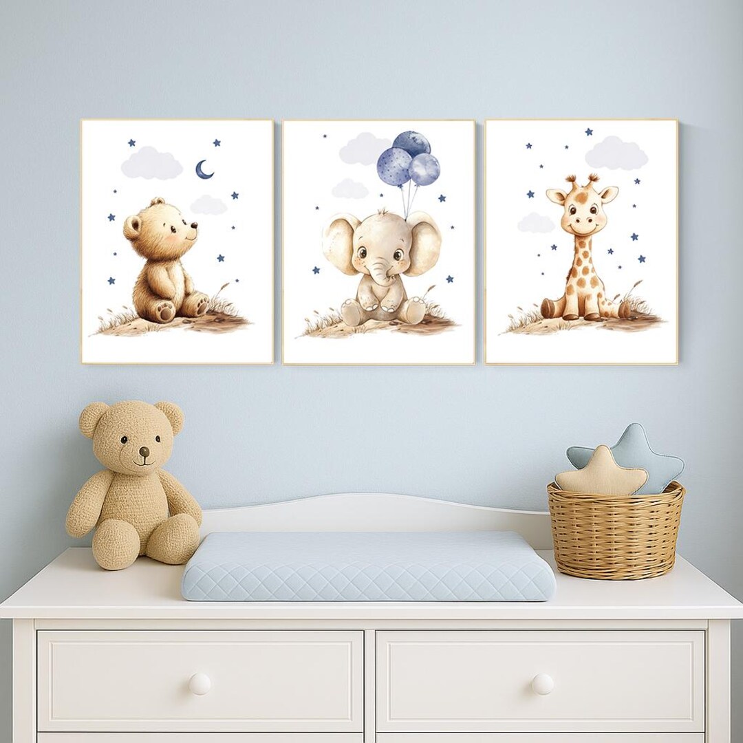 Boy Nursery Wall Art Set of 3 | Baby Bear, Elephant, Giraffe Prints - Etsy
