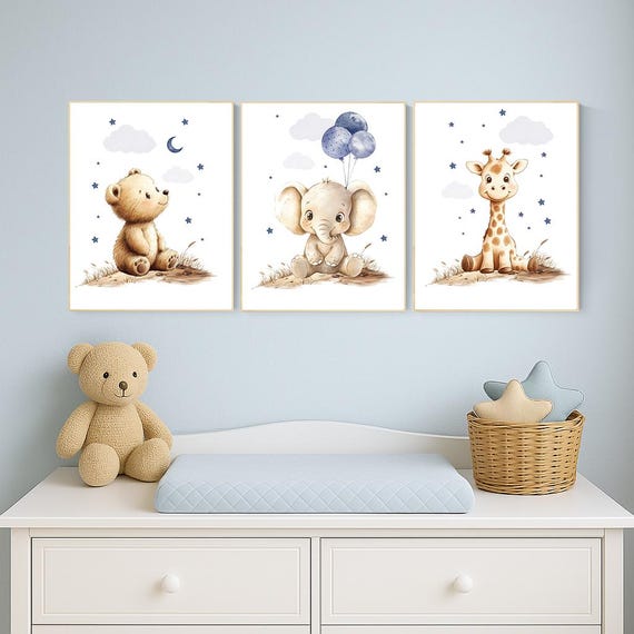 Boy Nursery Wall Art Set of 3 | Baby Bear, Elephant, Giraffe Prints