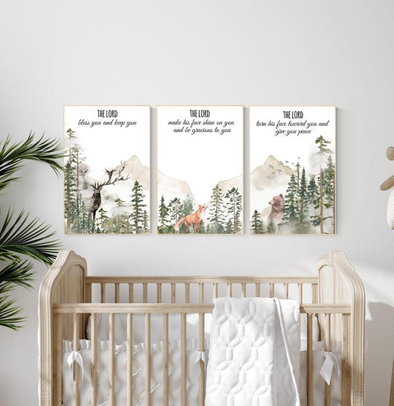 Nursery decor woodland, mountain wall art, tree nursery decor, adventure theme nursery, forest, sage green, bible nursery, verse nursery