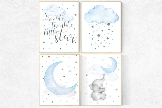 Elephant nursery, Nursery decor boy, nursery wall art, twinkle twinkle little star, nursery art, blue nursery decor, cloud and star nursery