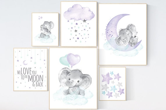 Elephant nursery, nurser decor girl, Purple mint nursery wall art, Nursery decor girl purple, lilac nursery print, lavender, lilac mint