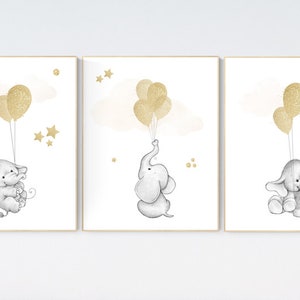 Elephant balloon print, nursery wall art  elephant, gold nursery decor, gold nursery art, gender neutral baby room, Gold nursery wall art