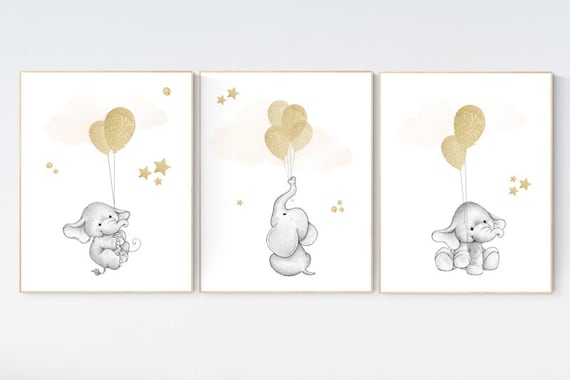 Elephant balloon print, nursery wall art  elephant, gold nursery decor, gold nursery art, gender neutral baby room, Gold nursery wall art