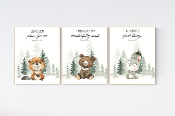 Nursery decor woodland, Woodland Nursery Wall Art, Woodland Print Set, animal prints, verse nursery, bible nursery, gender neutral nursery