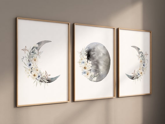 Moon phases, flower nursery, Moon wall art, botanical nursery, Full moon, Moon print, nursery decor girl, Moon nursery, neutral nursery