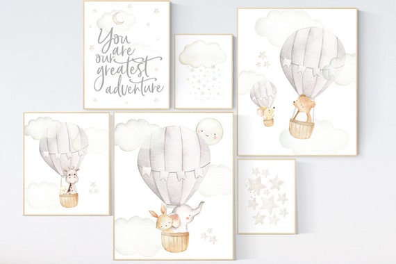 Nursery decor neutral, gender neutral nursery poster, you are our greatest adventure hot air balloon, neutral baby room decor, beige gray