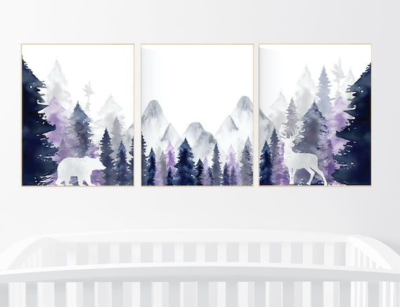 Nursery decor woodland, mountain wall art, tree nursery decor, adventure theme nursery, forest, navy, purple nursery, woodland animals