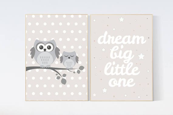 Owl nursery decor, dream big little one, gender neutral nursery, owl decor for nursery, beige and cream, cloud Nursery Decor Gray Beige