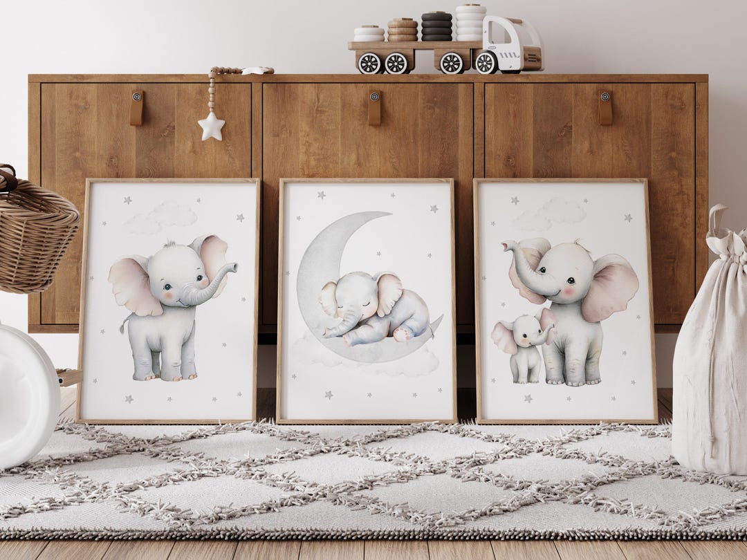 Elephant Nursery Wall Art Set of 3, Baby Elephant Prints, Moon and ...