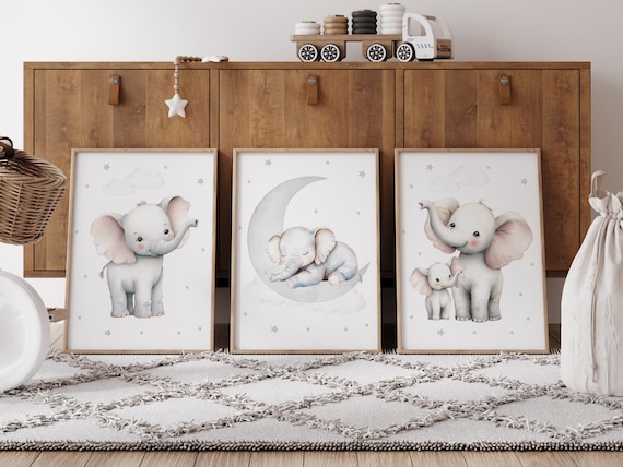 Elephant Nursery Wall Art Set of 3, Baby Elephant Prints, Moon and Stars