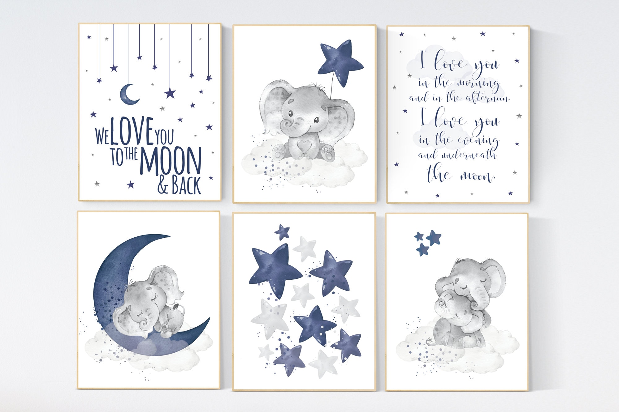 Nursery decor boy elephant, nursery wall art boy, moon and stars, navy