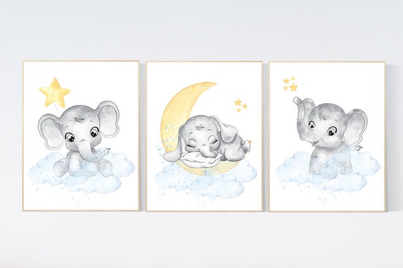 Nursery decor gender neutral, nursery wall art elephant, elephant nursery, blue and yellow, moon, cloud, stars, baby room decor, neutral