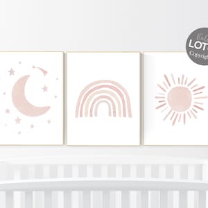 Nursery prints rainbow, Nursery decor girl, nursery wall art, blush pink, moon star, cloud, nursery wall art, light coral, blush, rainbow