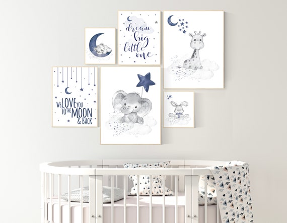 Nursery decor boy elephant, giraffe, boy nursery decor, moon and stars, navy nursery, boy nursery wall art, we love you to the moon and back