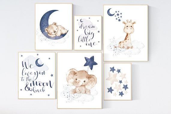 Nursery decor boy, elephant, giraffe, bear, boy nursery decor, moon, stars, navy, boy nursery wall art, we love you to the moon and back