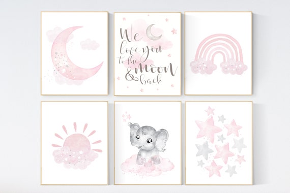 Nursery decor girl pink and gray, pink grey nursery, moon and star, girl nursery wall art, nursery prints gir, elephant nursery wall decor