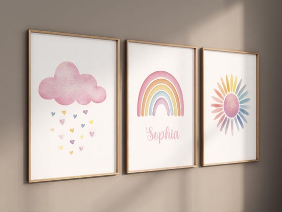 Personalized Rainbow Nursery Wall Art Set, Custom Name Print