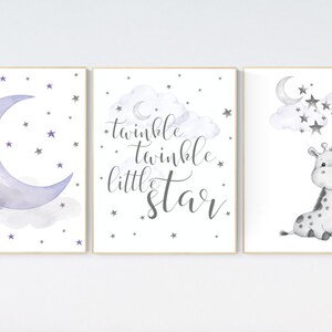 Nursery wall art girl giraffe, Nursery decor girl purple, lilac nursery decor, twinkle twinkle little star, lavender nursery, moon and stars
