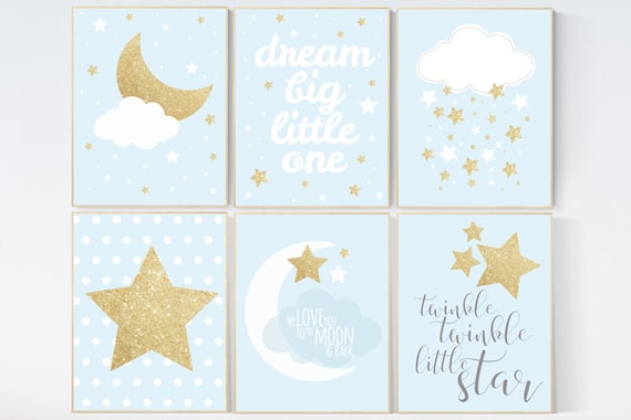 Nursery decor boy, ,dream big little one, twinkle twinkle little star,  Blue gold, nursery decor, blue nursery, moon nursery, nursery decor