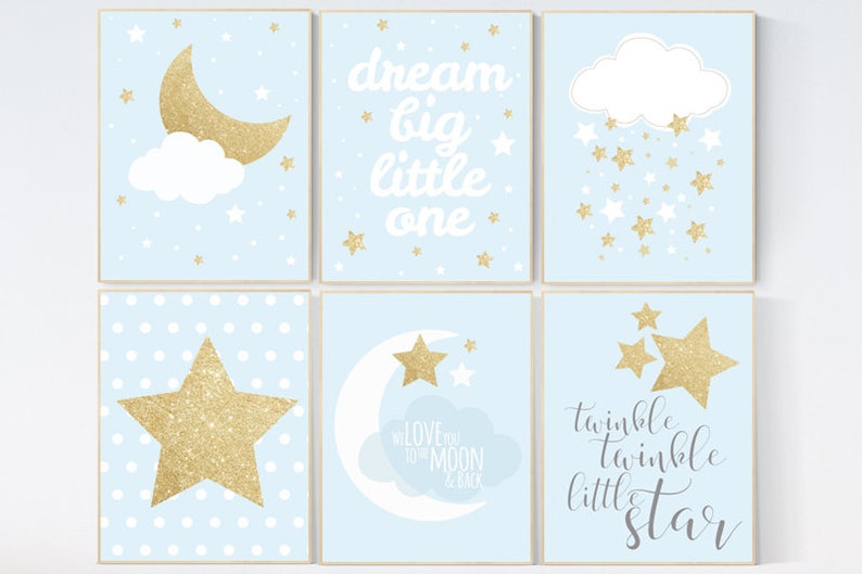 Blue and Gold Star Nursery Decor Art Print - Etsy