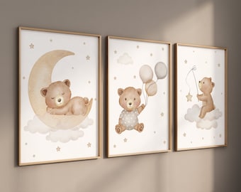 Quadro de ursinho de pelúcia para quarto de bebê: Arte animal em aquarela