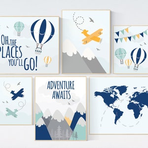 Adventure nursery decor, Nursery decor boy mountains adventure, nursery decor boy airplane, world map nursery, adventure awaits, navy yellow