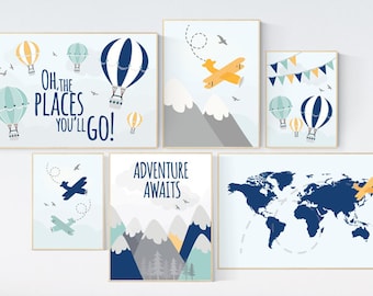 Adventure Nursery Decor Prints: Hot Air Balloon, Airplane, World Map
