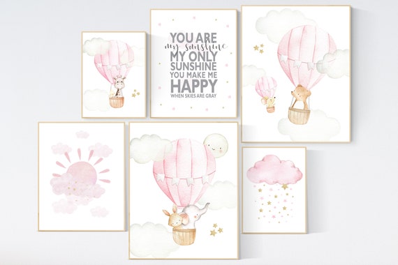 Nursery decor girl, Nursery decor elephant, gold and pink, hot air balloon, you are my sunshine, sun nursery, animal prints, animal nursery