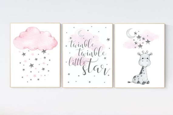 Girl nursery decor, Nursery decor girl, nursery wall art girl, giraffe nursery, Pink and gray nursery, dream big little one, moon and stars