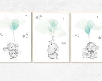 Elephant Nursery Print: Mint Balloon Animal Wall Art