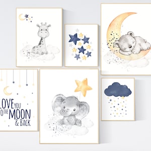 Nursery wall art animals, navy yellow gray, gender neutral, nursery wall art boy, navy Blue, elephant, giraffe, bear, navy yellow grey