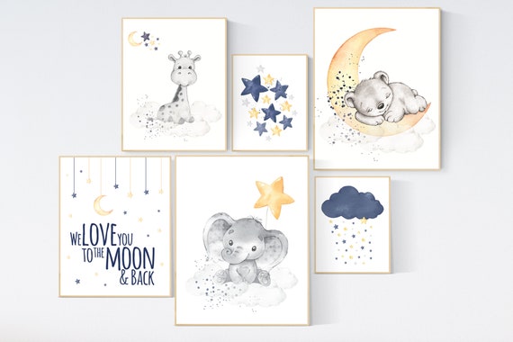 Nursery wall art animals, navy yellow gray, gender neutral, nursery wall art boy, navy Blue, elephant, giraffe, bear, navy yellow grey