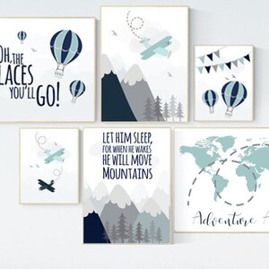 Nursery decor boy mountain, adventure nursery, navy nursery, airplane, world map, hot air balloon, Let him sleep, boy nursery ideas,